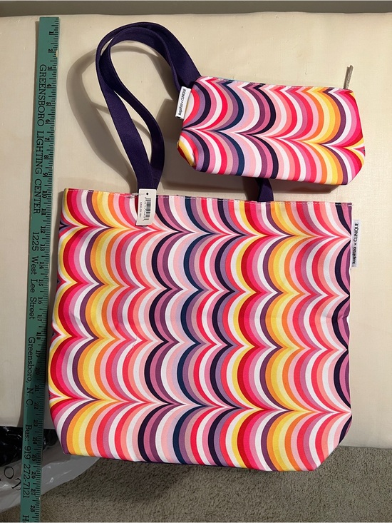 Clinique Handbags - Kapitza + Clinique Pink Yellow Purple Wave-Print Tote with Matching Pouch NWT